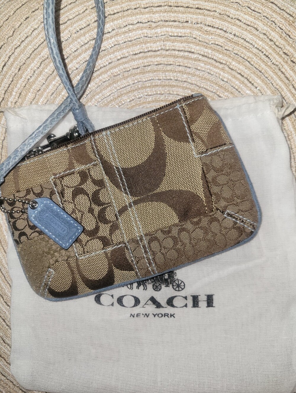 Coach Brown Signature Patchwork Wristlet with Light Blue Suede & Reptile